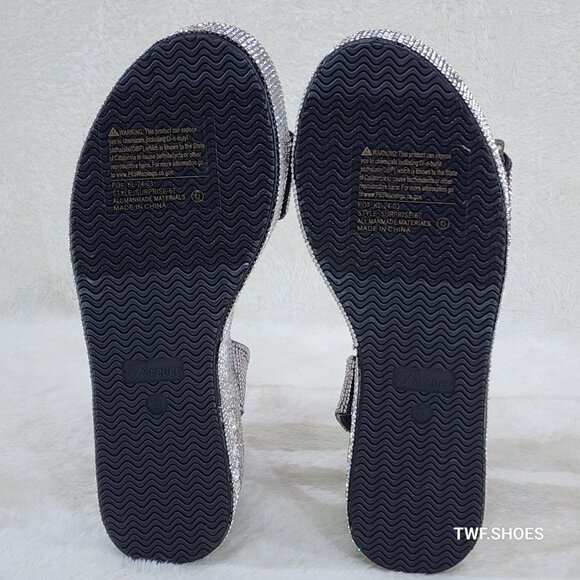 Flashy Black Silver Ankle Strap Sparkling Rhinestone Wedge 2" Platform Sandals - Picture 5 of 5